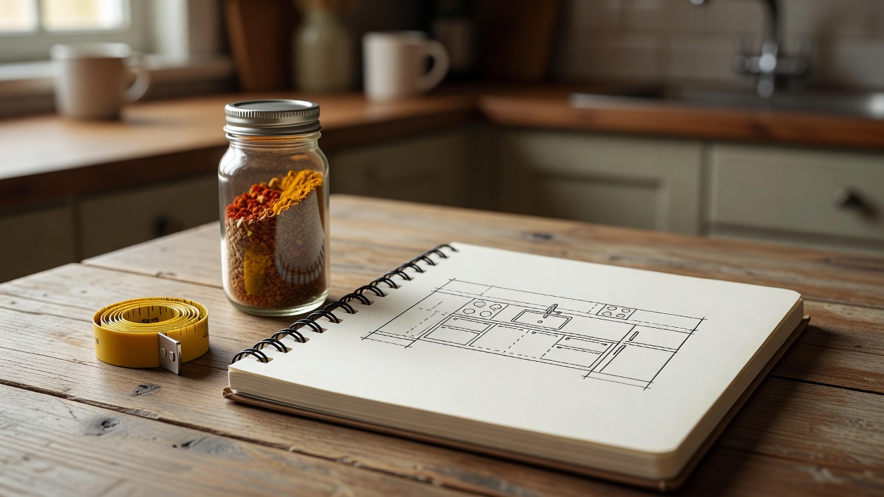 Notebook with a hand-drawn kitchen counter plan beside a measuring tape and a spice jar