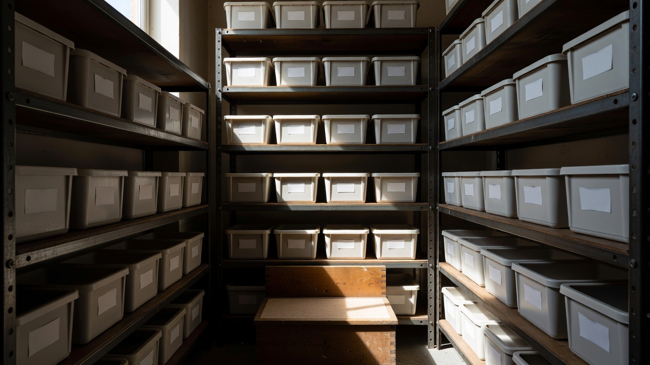 Narrow pantry shelves with square labelled bins and a step riser in dramatic side light
