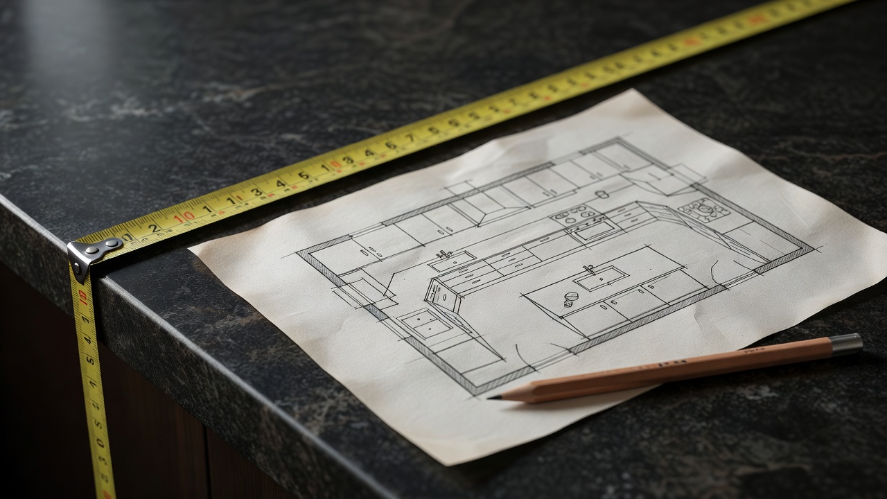Measuring tape stretched along a dark counter beside a pencil sketch of a kitchen layout