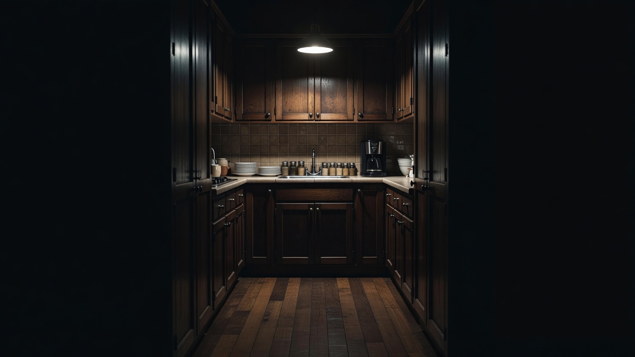 Narrow galley kitchen in the evening with one bright work light over a tidy counter