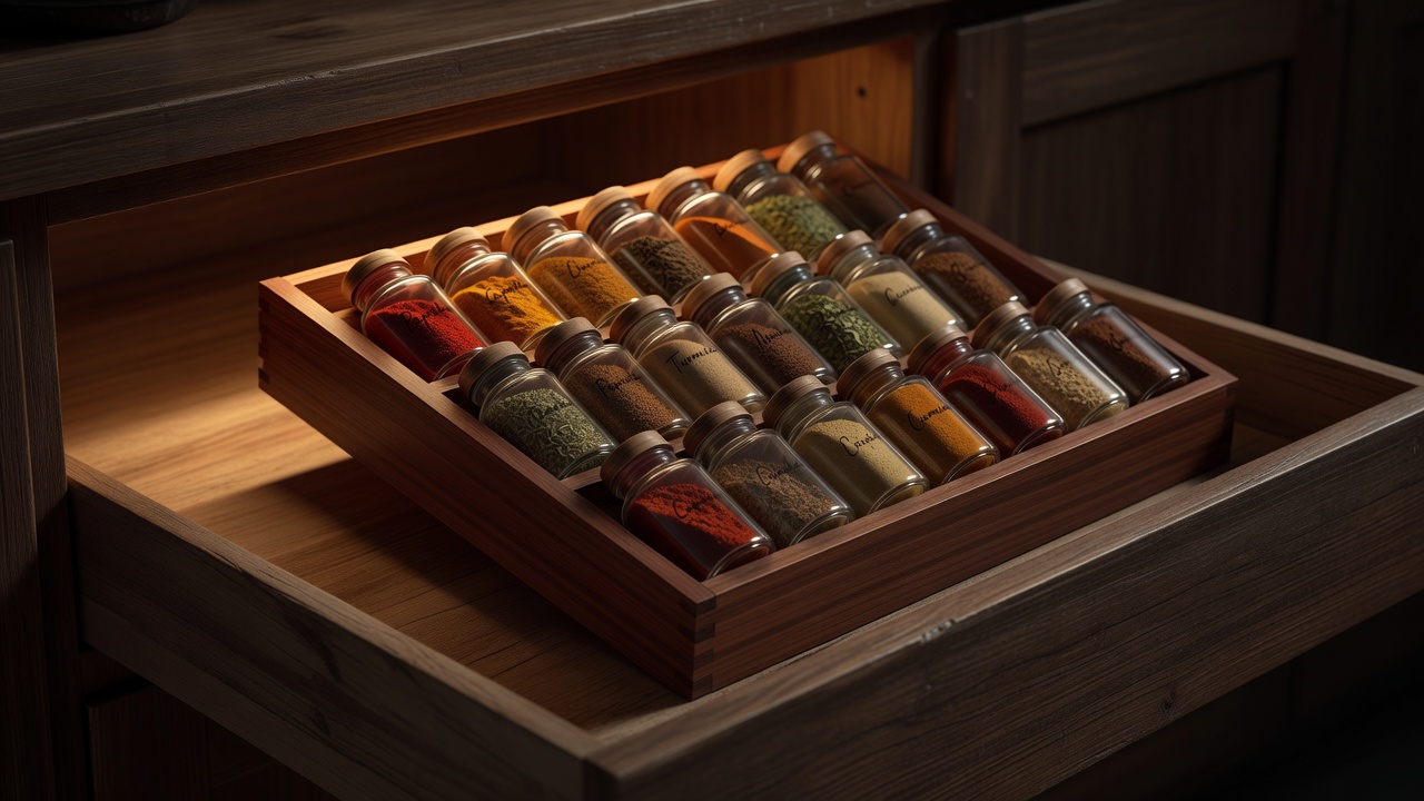 Shallow drawer with an angled spice insert holding labelled jars under a warm low light