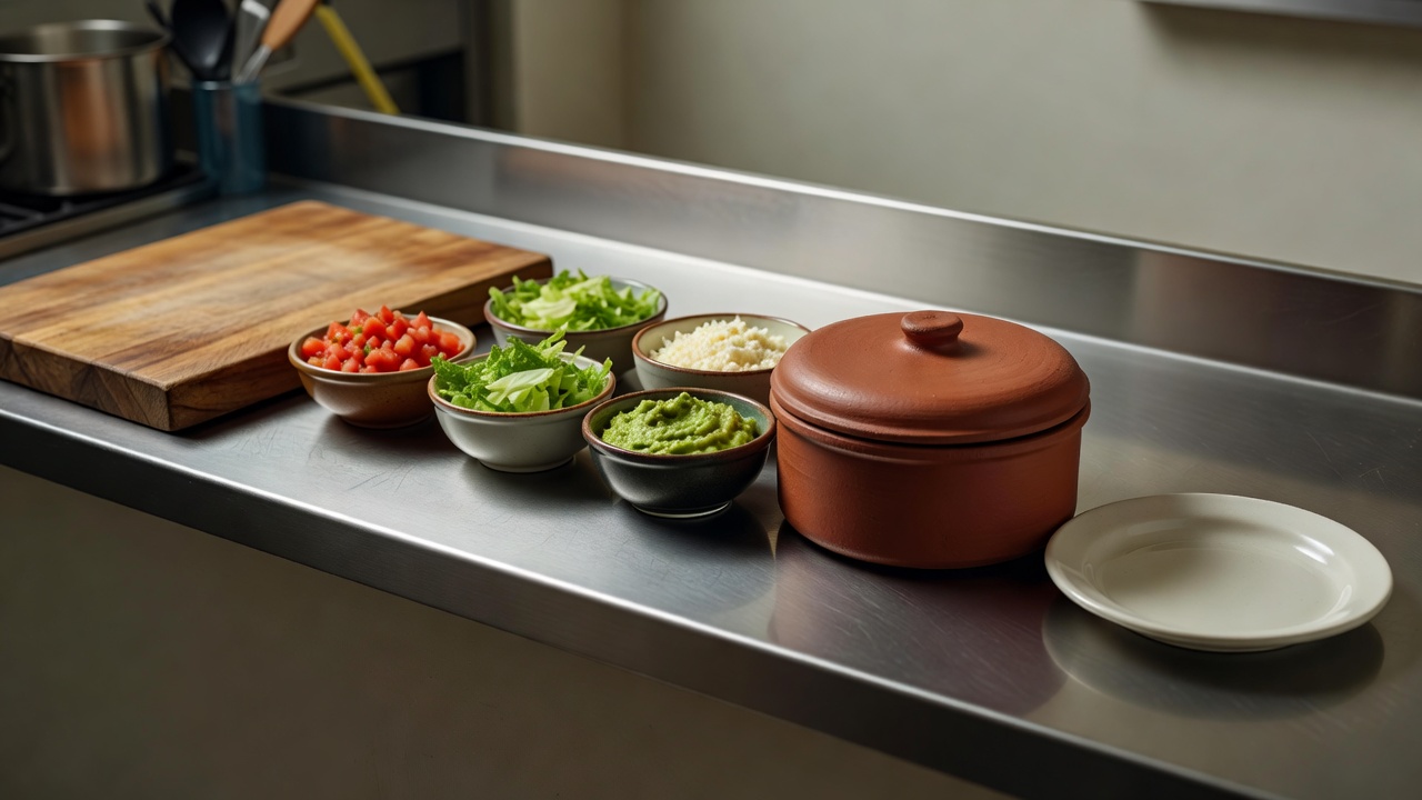 Small counter arranged left to right with board, topping bowls and a tortilla warmer